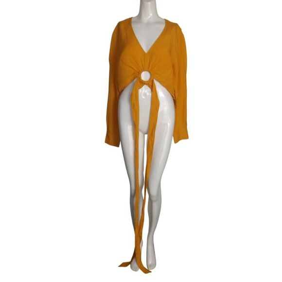 & OTHER STORIES Crop Top, 12, Yellow, Grommet/Strappy, Long Sleeve, V-neck Linen - Picture 14 of 16